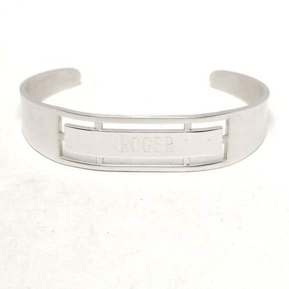 Vintage Roger Engrave Silver Tone Cuff ID Bangle Bracelet, Unisex Style, Estate - Picture 2 of 5